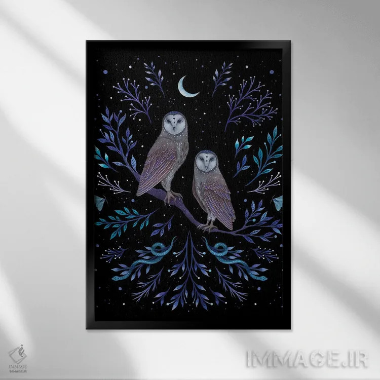 تابلو دکوراتیو جغدها در نور ماه اثر اپیزودیک دراوینگ - نمای قابدار مشکی