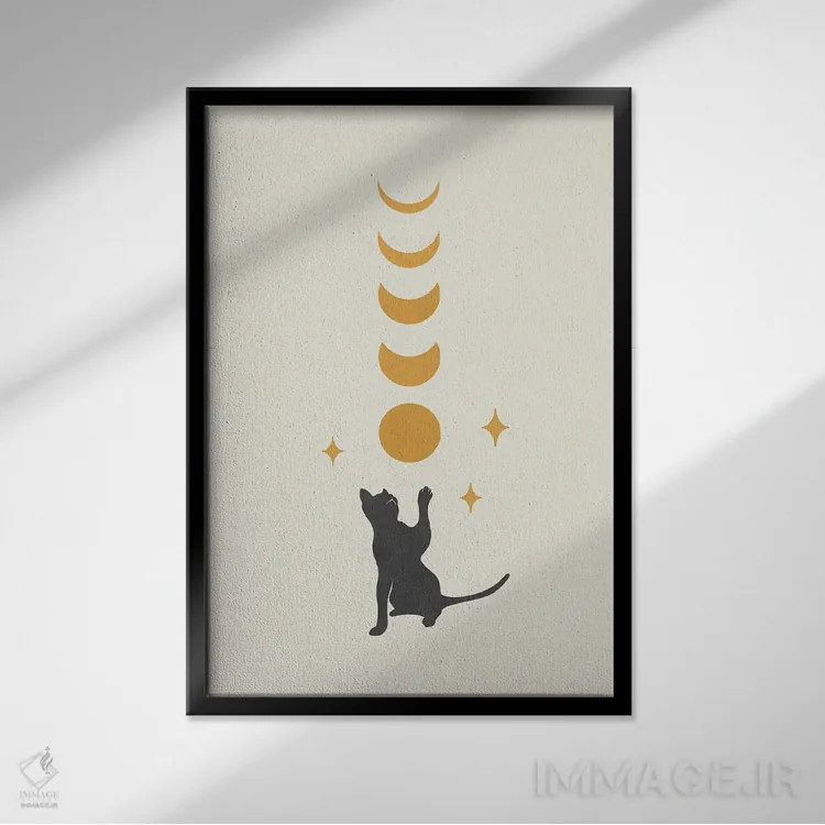 تابلو مینیمال گربه و ماه ۲ اثر اپیزودیک دراوینگ - نمای قابدار مشکی
