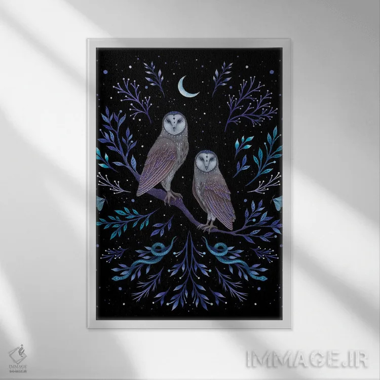 تابلو دکوراتیو جغدها در نور ماه اثر اپیزودیک دراوینگ - نمای قابدار سفید
