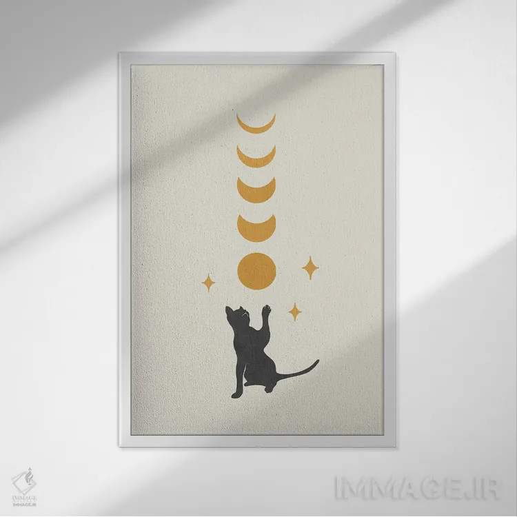 تابلو مینیمال گربه و ماه ۲ اثر اپیزودیک دراوینگ - نمای قابدار سفید