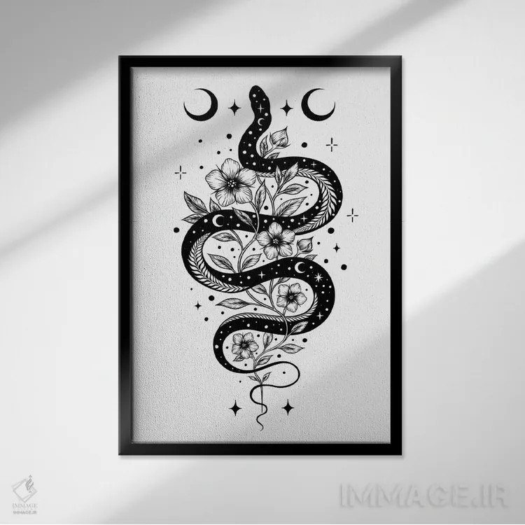 تابلو دکوراتیو افسون مار سیاه اثر اپیزودیک دراوینگ - نمای قابدار مشکی