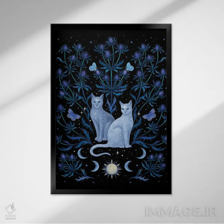 تابلو دکوراتیو خار آبی و گربه اثر اپیزودیک دراوینگ - نمای قابدار مشکی