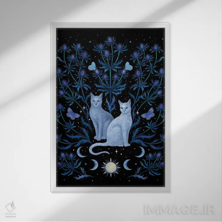 تابلو دکوراتیو خار آبی و گربه اثر اپیزودیک دراوینگ - نمای قابدار سفید