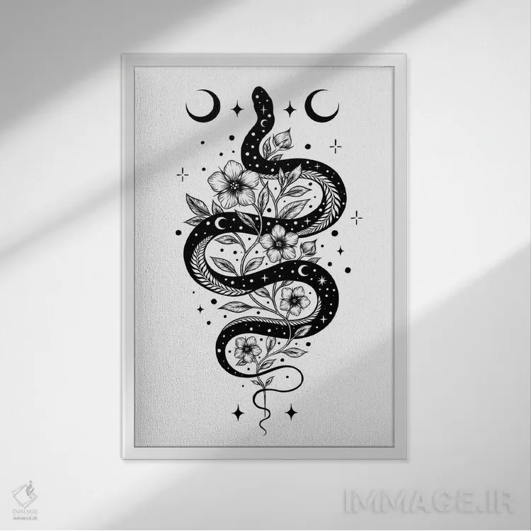 تابلو دکوراتیو افسون مار سیاه اثر اپیزودیک دراوینگ - نمای قابدار سفید