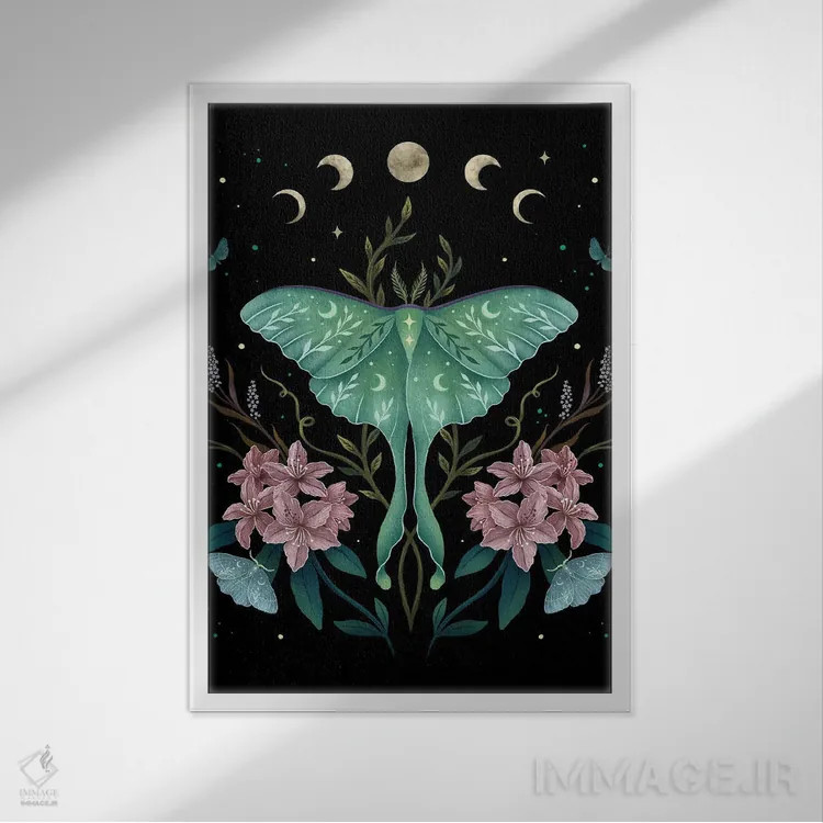 تابلو دکوراتیو لونا و گل خرزهره کوهی اثر اپیزودیک دراوینگ - نمای قابدار سفید