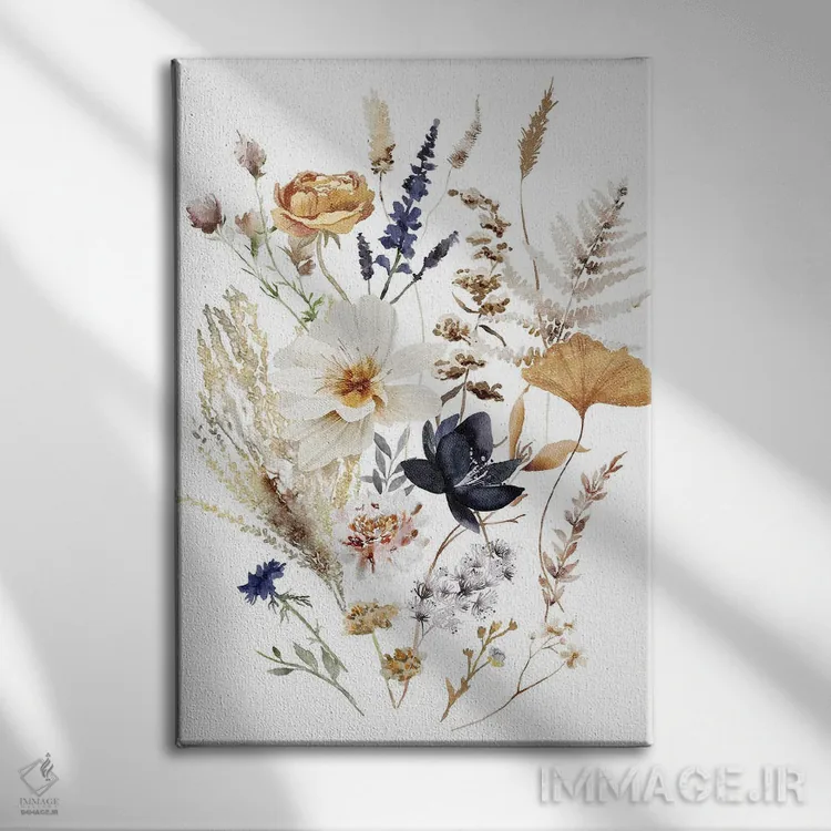 تابلو دکوراتیو گل های سرمه ای و کرم رنگ اثر افرازی گرافیکز - نمای روبهرو روی دیوار