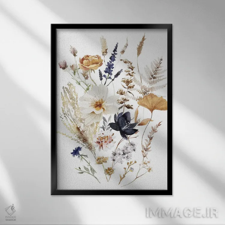 تابلو دکوراتیو گل های سرمه ای و کرم رنگ اثر افرازی گرافیکز - نمای قابدار مشکی