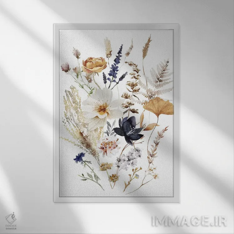 تابلو دکوراتیو گل های سرمه ای و کرم رنگ اثر افرازی گرافیکز - نمای قابدار سفید