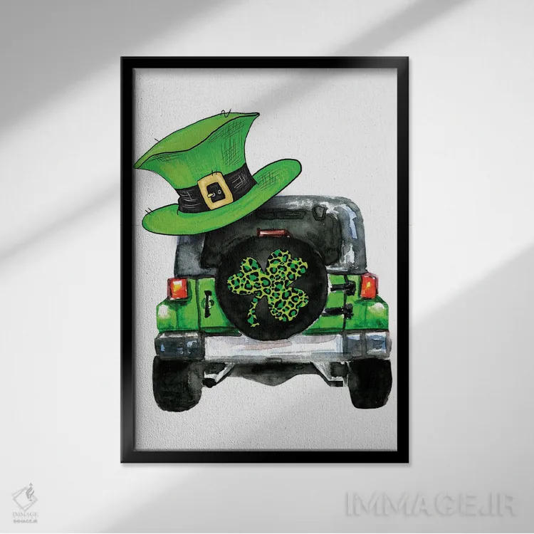 تابلو دکوراتیو جیپ روز سنت پاتریک اثر افرازی گرافیکز - نمای قابدار مشکی