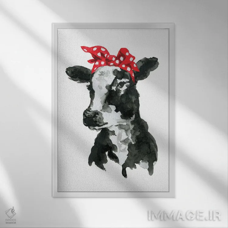 تابلو دکوراتیو گاو سیاه سفید با هدبند اثر افرازی گرافیکز - نمای قابدار سفید