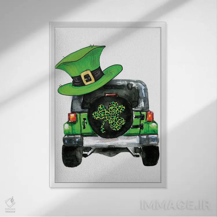 تابلو دکوراتیو جیپ روز سنت پاتریک اثر افرازی گرافیکز - نمای قابدار سفید
