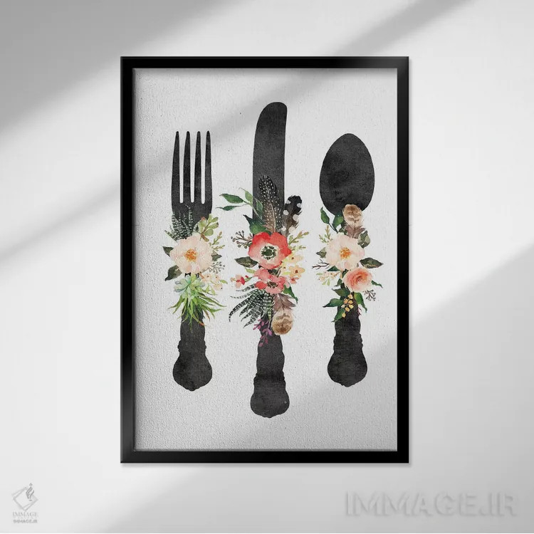 تابلو دکوراتیو ابزارهای آشپزخانه اثر ادن پرینتیبلز - نمای قابدار مشکی