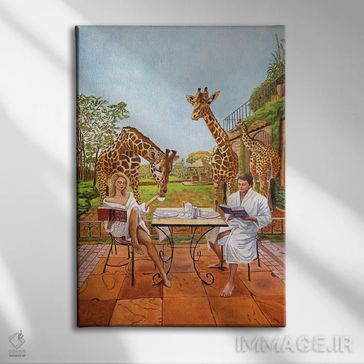 تابلو دکوراتیو صبحانه با زرافه ها اثر اوگنیا روسلیک - نمای روبهرو روی دیوار