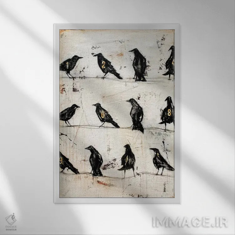 تابلو دکوراتیو کلاغ ها روی سیم اثر ارین اشلی - نمای قابدار سفید
