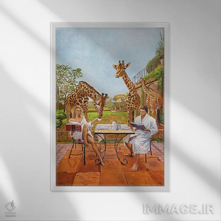 تابلو دکوراتیو صبحانه با زرافه ها اثر اوگنیا روسلیک - نمای قابدار سفید