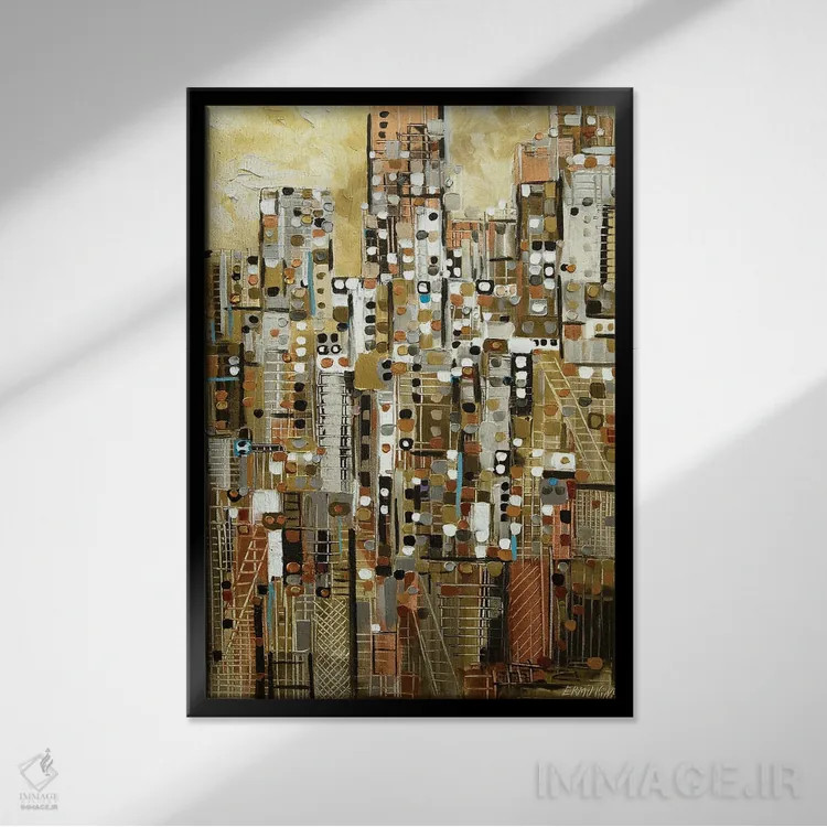 تابلو انتزاعی منظره طلایی شهر اثر اکاترینا ارمیلکینا - نمای قابدار مشکی