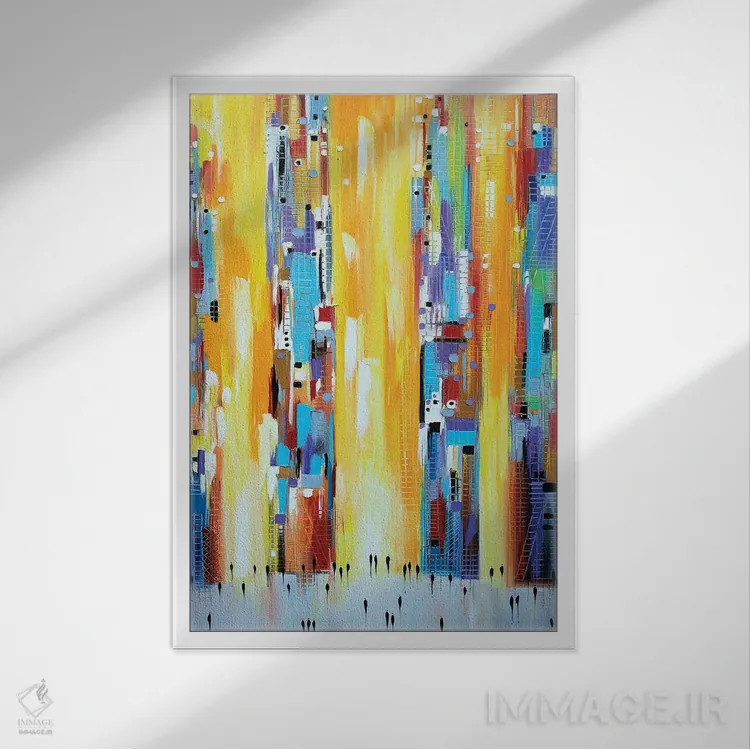 تابلو انتزاعی غروب نارنجی در شهر اثر اکاترینا ارمیلکینا - نمای قابدار سفید
