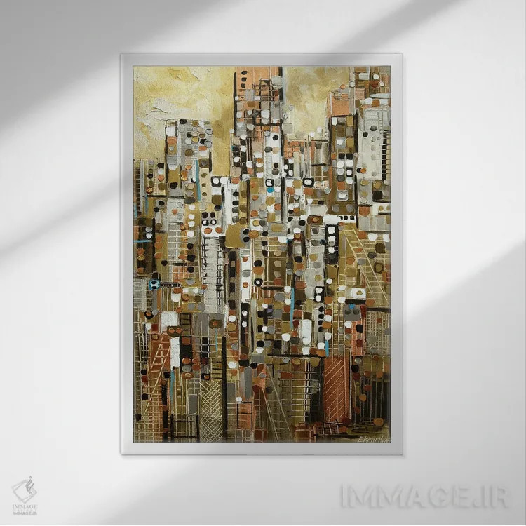 تابلو انتزاعی منظره طلایی شهر اثر اکاترینا ارمیلکینا - نمای قابدار سفید