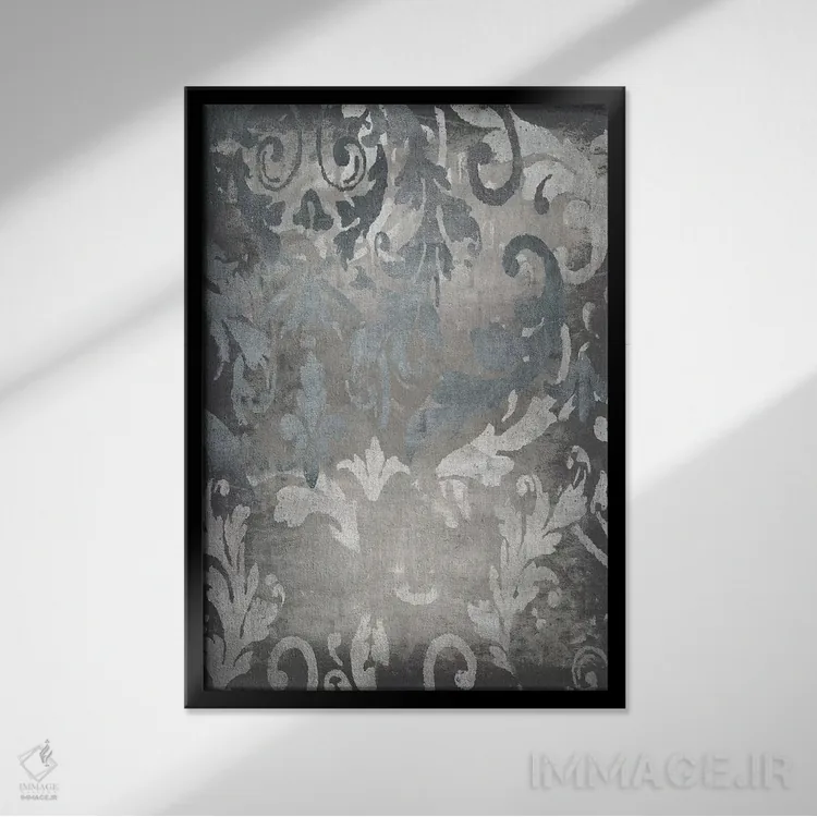 تابلو انتزاعی نقش دمسک نقره ای ۱ اثر الی رابرتز - نمای قابدار مشکی