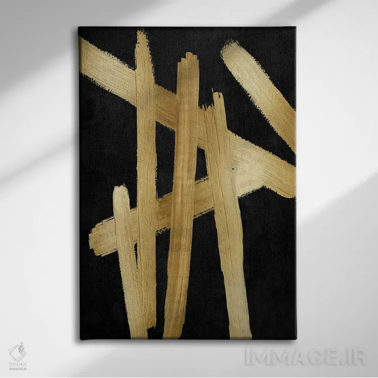 تابلو مینیمال چهارراه های طلایی روی مشکی I اثر الی رابرتز - نمای روبهرو روی دیوار