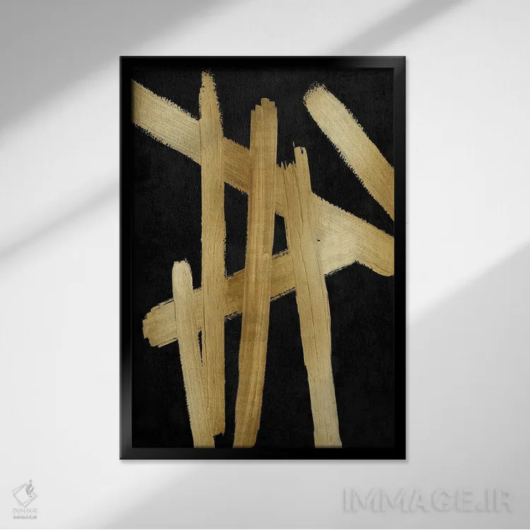 تابلو مینیمال چهارراه های طلایی روی مشکی I اثر الی رابرتز - نمای قابدار مشکی