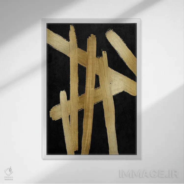 تابلو مینیمال چهارراه های طلایی روی مشکی I اثر الی رابرتز - نمای قابدار سفید