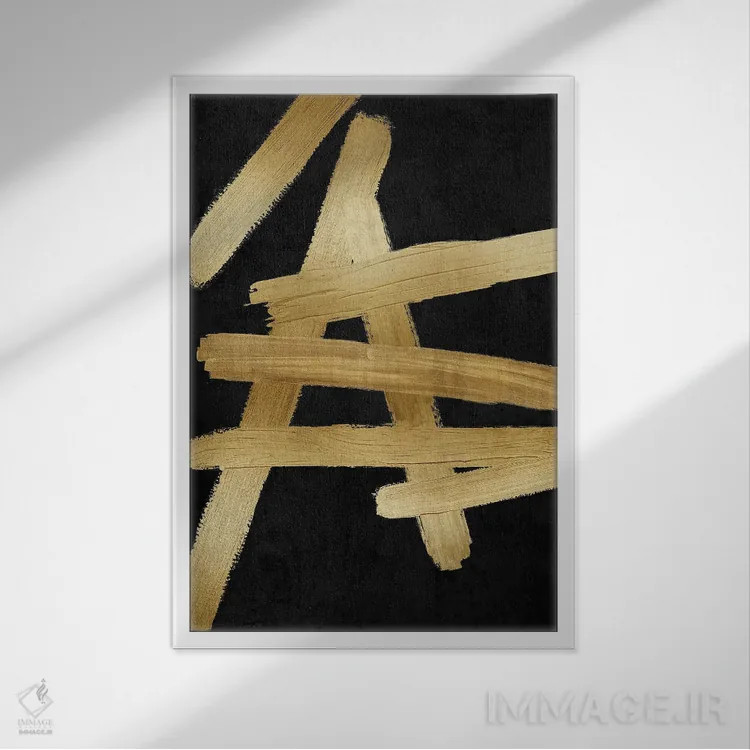 تابلو مینیمال چهارراه های طلایی روی مشکی III اثر الی رابرتز - نمای قابدار سفید