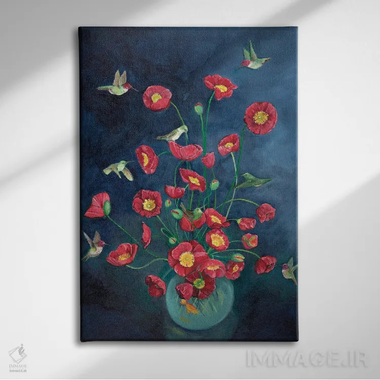 تابلو دکوراتیو مرغ های مگس خوار و شقایق ها اثر امیلی رید - نمای روبهرو روی دیوار