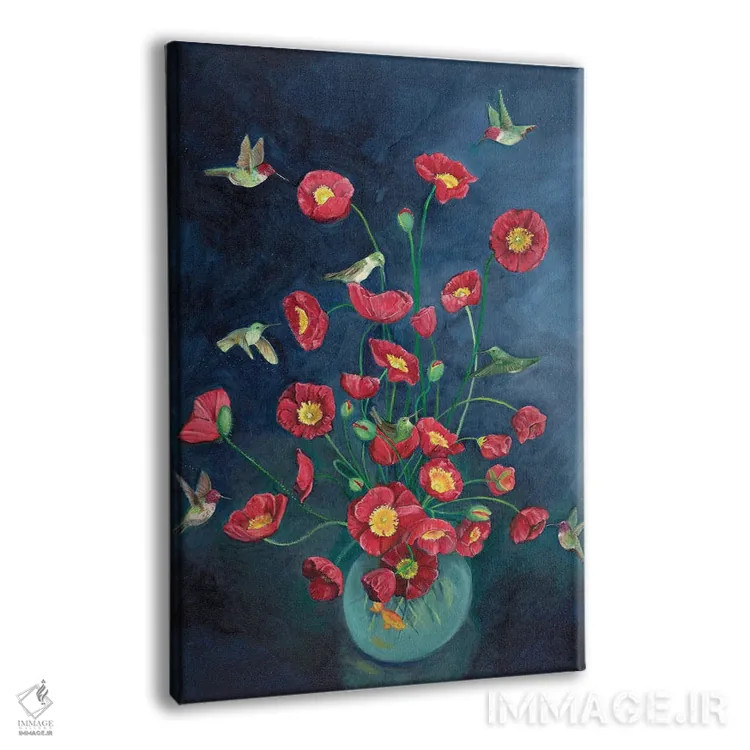 تابلو دکوراتیو مرغ های مگس خوار و شقایق ها اثر امیلی رید - نمای پرسپکتیو محصول