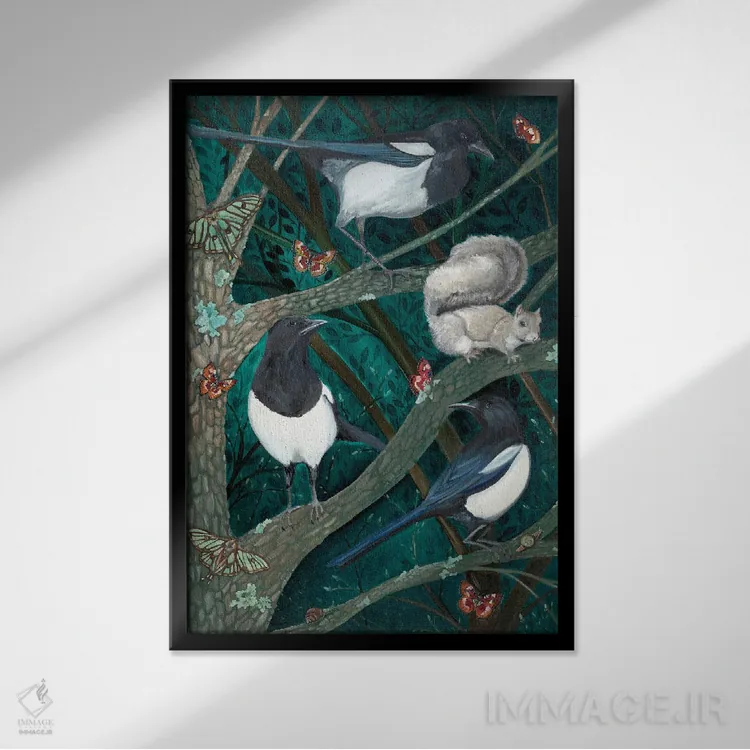 تابلو دکوراتیو زاغی ها در شب اثر امیلی رید - نمای قابدار مشکی