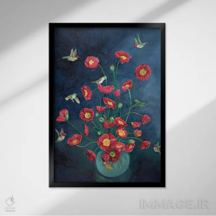 تابلو دکوراتیو مرغ های مگس خوار و شقایق ها اثر امیلی رید - نمای قابدار مشکی