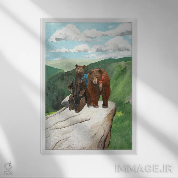 تابلو دکوراتیو خرس های کوهنورد یوسیمیتی اثر امیلی رید - نمای قابدار سفید