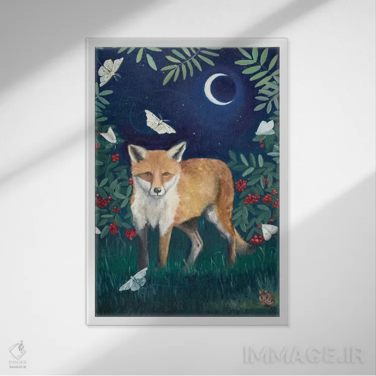 تابلو دکوراتیو روباه در شب اثر امیلی رید - نمای قابدار سفید