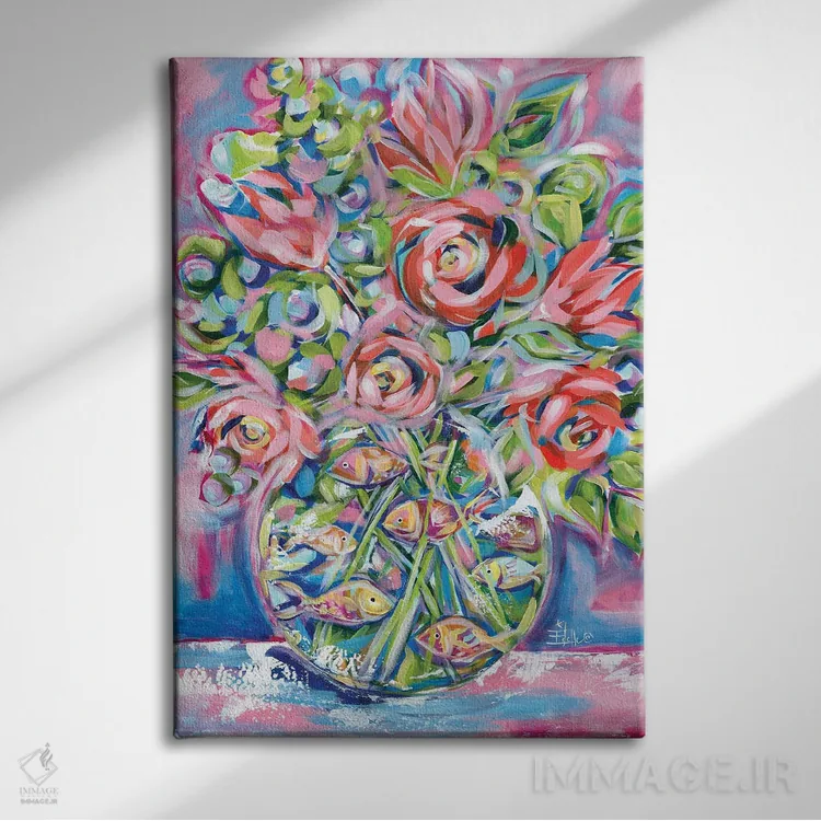 تابلو دکوراتیو گل ها و ماهی قرمز اثر استل گرنگس - نمای روبهرو روی دیوار