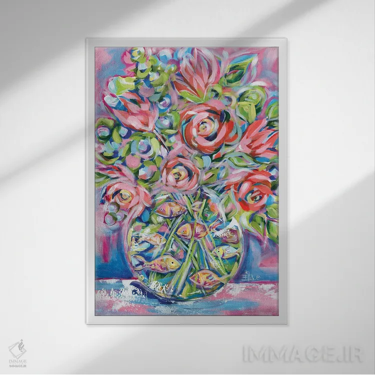 تابلو دکوراتیو گل ها و ماهی قرمز اثر استل گرنگس - نمای قابدار سفید