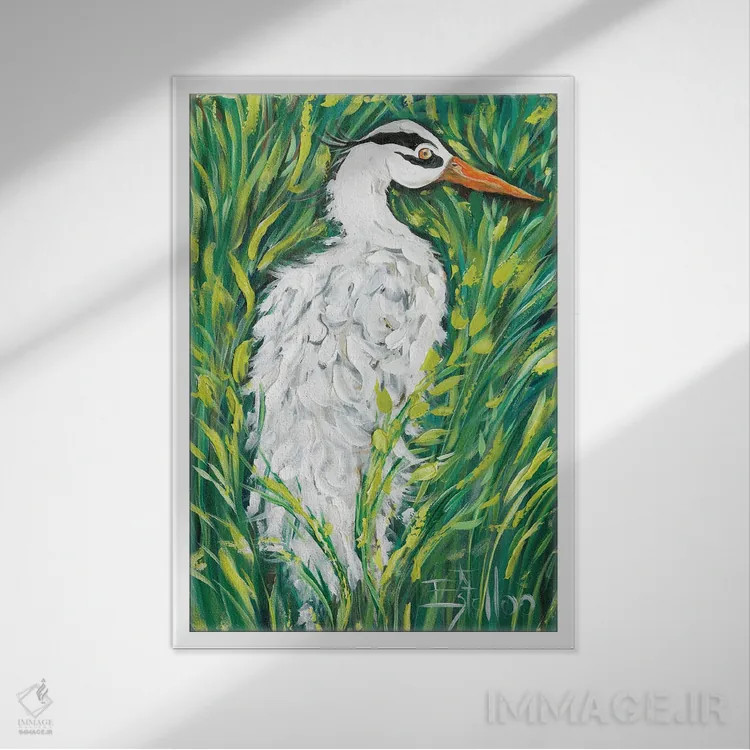 تابلو دکوراتیو حواصیل سفید پشمالو اثر استل گرنگس - نمای قابدار سفید