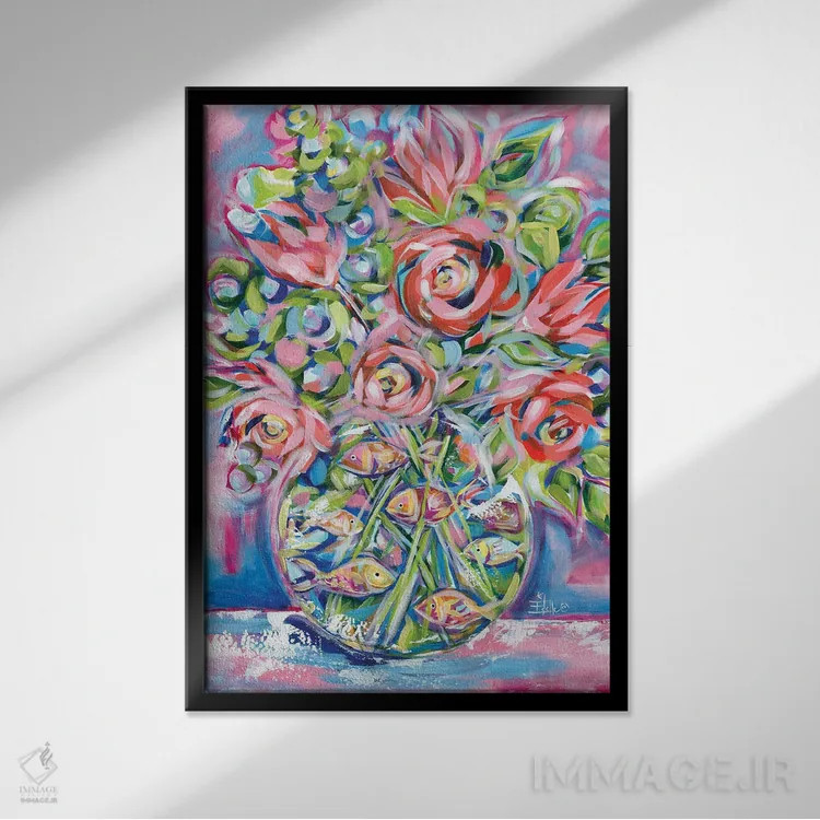 تابلو دکوراتیو گل ها و ماهی قرمز اثر استل گرنگس - نمای قابدار مشکی