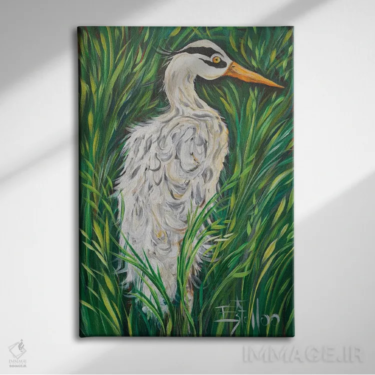 تابلو دکوراتیو حواصیل آبی اثر استل گرنگس - نمای روبهرو روی دیوار