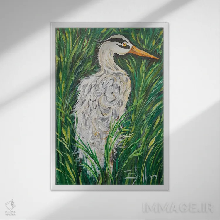 تابلو دکوراتیو حواصیل آبی اثر استل گرنگس - نمای قابدار سفید