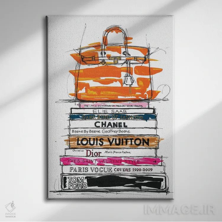 تابلو دکوراتیو کیف برکین و کتاب های مد اثر فرانک باندا - نمای روبهرو روی دیوار