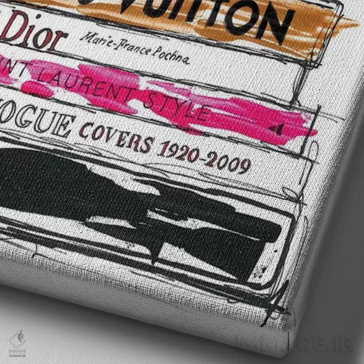 تابلو دکوراتیو کیف برکین و کتاب های مد اثر فرانک باندا - نمای نزدیک بافت بوم