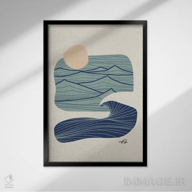 تابلو مینیمال خطوط اقیانوس و کوهستان اثر فابیان لاواتر - نمای قابدار مشکی