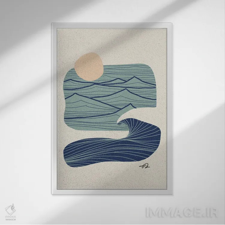 تابلو مینیمال خطوط اقیانوس و کوهستان اثر فابیان لاواتر - نمای قابدار سفید