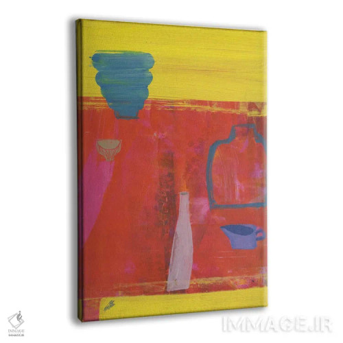 تابلو مینیمال پنج ظرف روی زمینه قرمز اثر گابریلا باکینگهام - نمای پرسپکتیو محصول