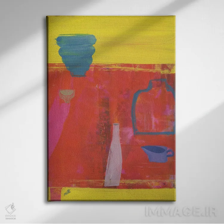 تابلو مینیمال پنج ظرف روی زمینه قرمز اثر گابریلا باکینگهام - نمای روبهرو روی دیوار
