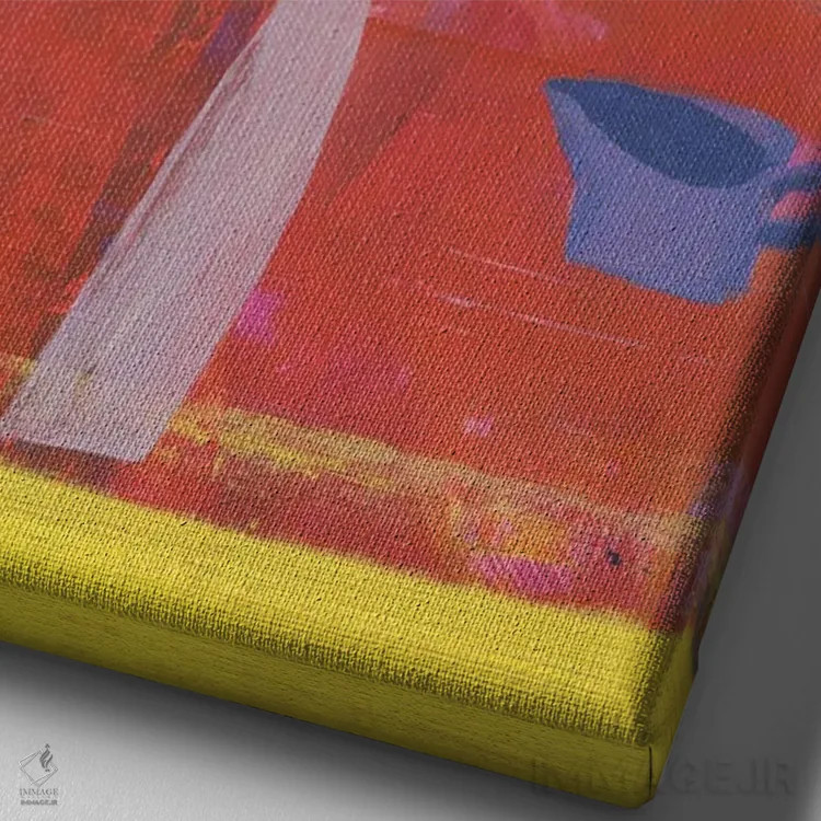 تابلو مینیمال پنج ظرف روی زمینه قرمز اثر گابریلا باکینگهام - نمای نزدیک بافت بوم