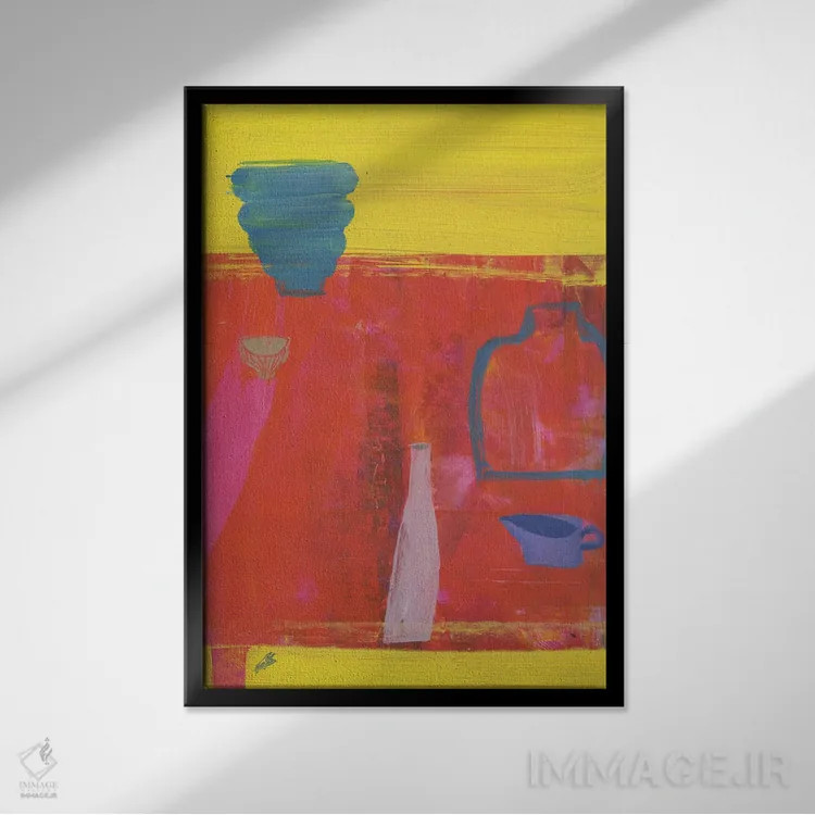 تابلو مینیمال پنج ظرف روی زمینه قرمز اثر گابریلا باکینگهام - نمای قابدار مشکی