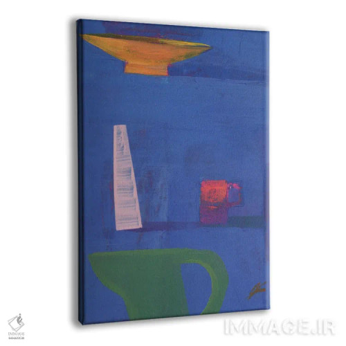 تابلو مینیمال پنج ظرف روی زمینه آبی اثر گابریلا باکینگهام - نمای پرسپکتیو محصول