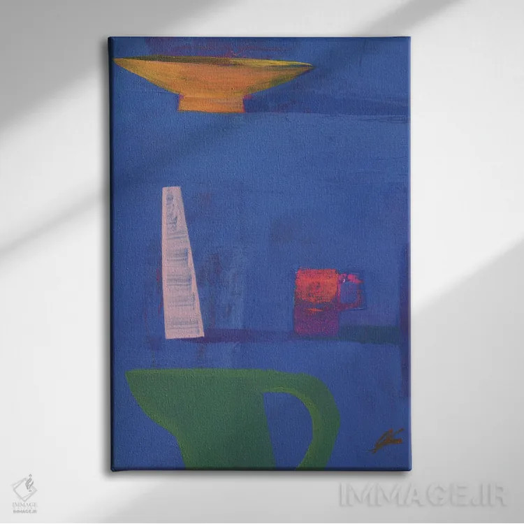 تابلو مینیمال پنج ظرف روی زمینه آبی اثر گابریلا باکینگهام - نمای روبهرو روی دیوار