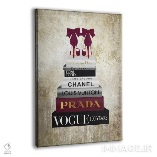 تابلو دکوراتیو دسته کتاب بلند با کفش زرشکی و پس زمینه طلایی اثر آماندا گرینوود - نمای پرسپکتیو محصول